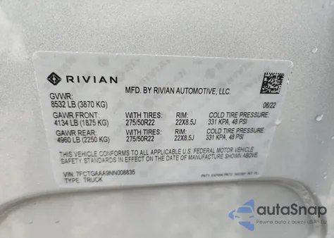 2022 Rivian R1T Adventure z USA, uszkodzony, nr VIN 7FCTGAAA9NN008835